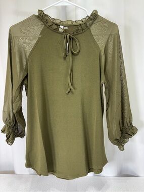 NY Collection Olive Tie-Front Ruffle Neck Blouse 4118